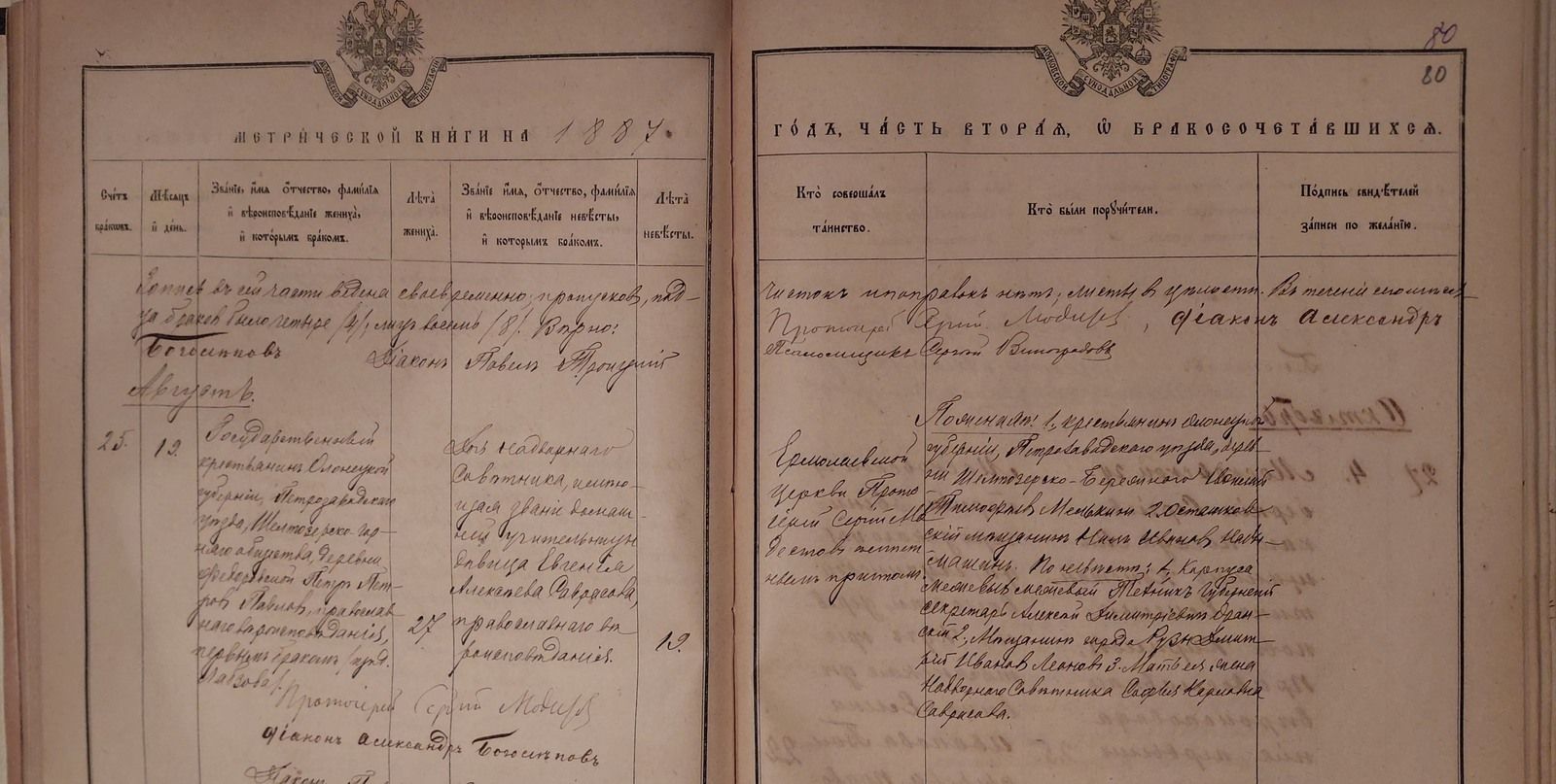Запись о браке Петра Павлова и Евгении Саврасовой. Из хранящейся в Главархиве Москвы метрической книги Ермолаевской на Большой Садовой церкви, 1887 г. Главархив Москвы