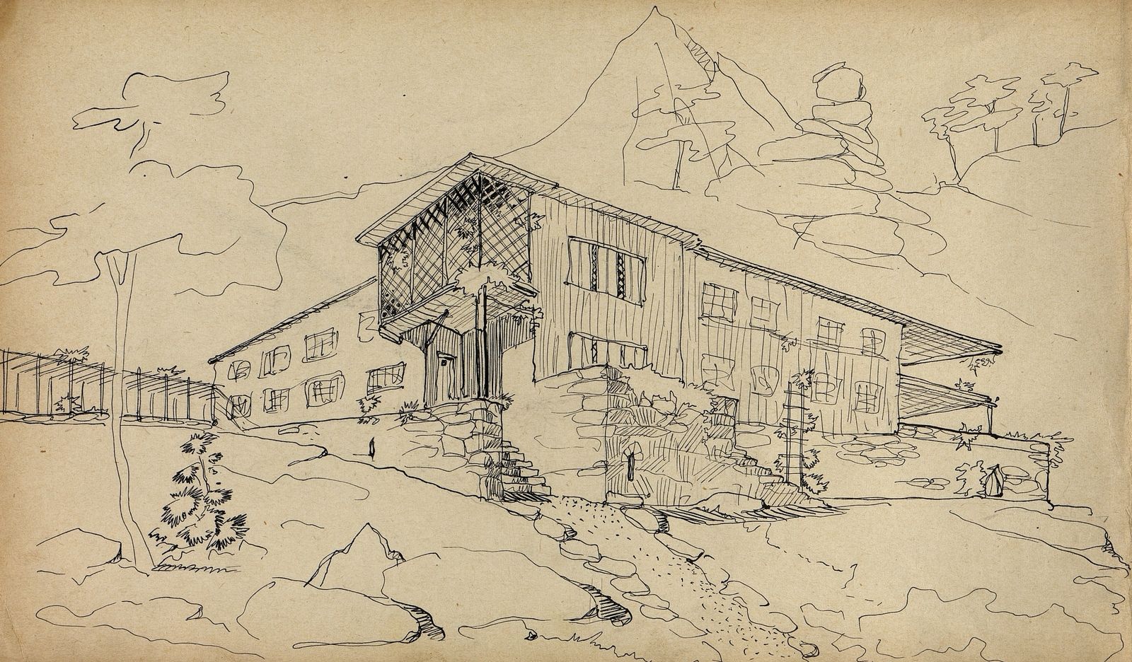 А.В. Власов. Здание санатория Боровое. Не позднее 1929 г. Эскиз. Бумага, карандаш, тушь, перо. Главархив Москвы