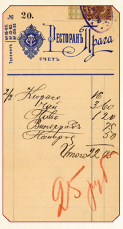 Счёт из ресторана «Прага». 1900-е гг. Главархив Москвы