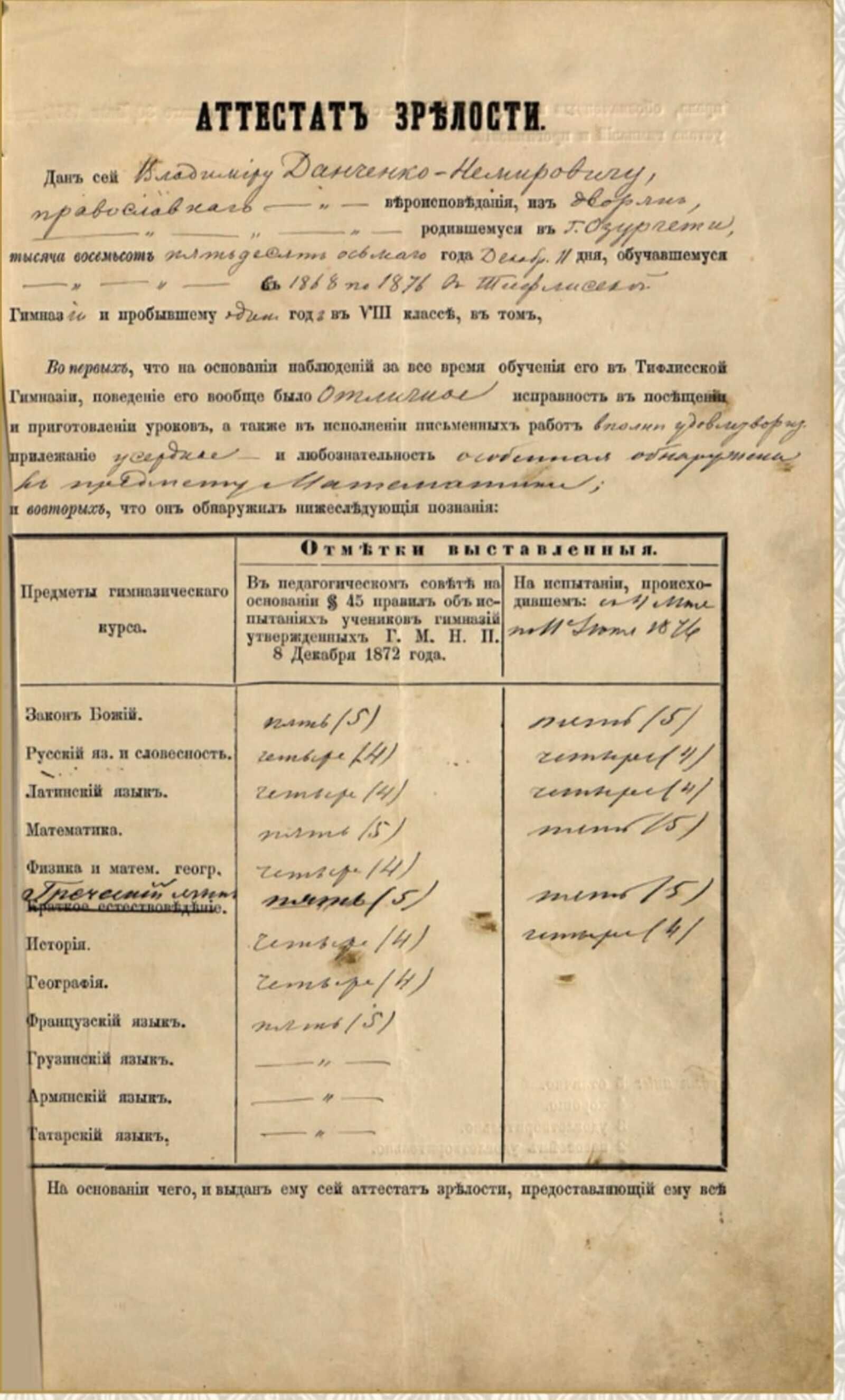 Аттестат зрелости, выданный дворянину  Владимиру Немировичу- Данченко,  обучавшемуся в тифлисской гимназии  в 1868&ndash;1876 гг., с отметками по предметам  гимназического курса. Тифлис, [июнь] 1876 г. Главархив Москвы
