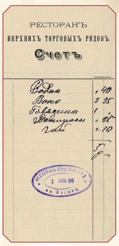 Счёт из ресторана Верхних торговых рядов П.Н. Мартьянова. Ноябрь 1896 г. Главархив Москвы