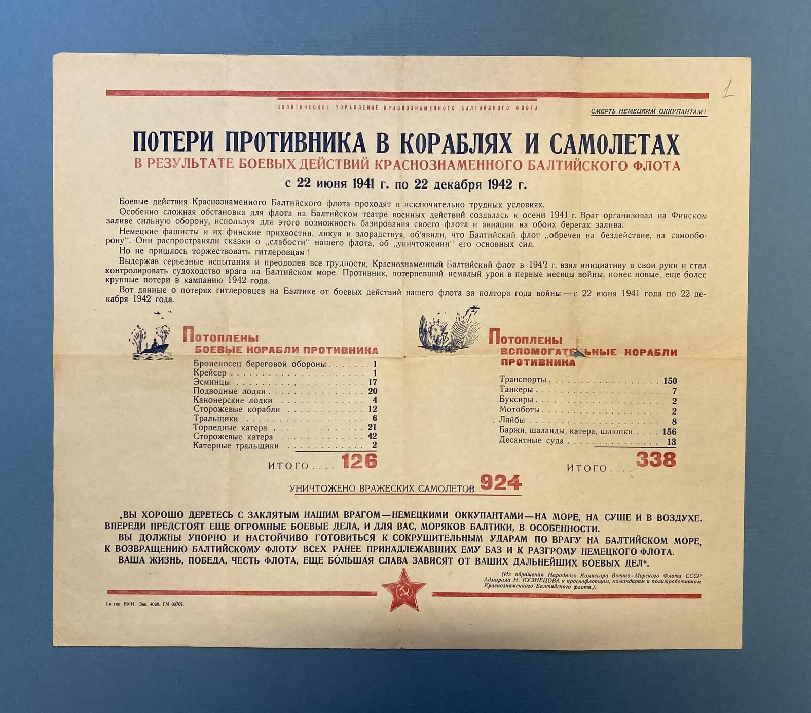 Листовка со сводками и таблицами о потерях противника в результате боевых действий КБФ. 1942 г. Главархив Москвы.