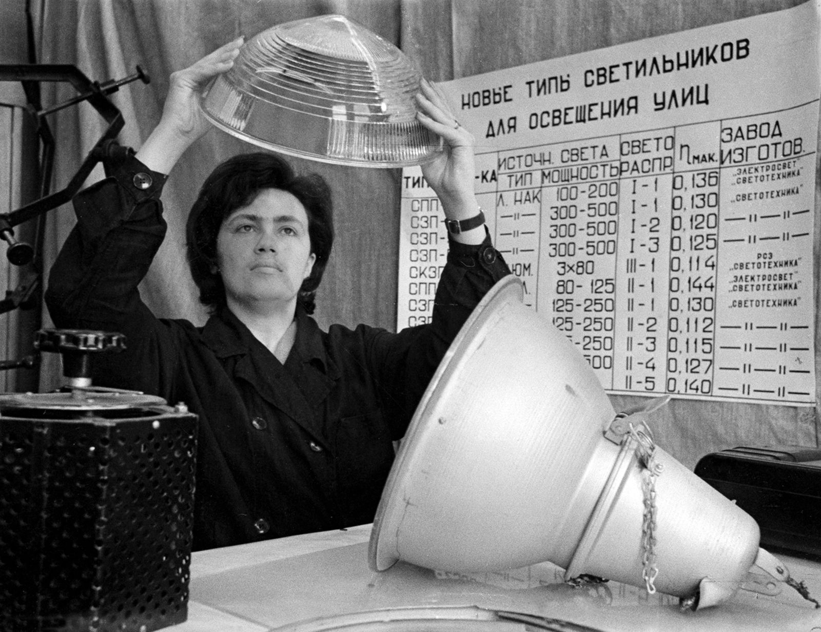 Старший инженер лаборатории наружного освещения ВНИИ светотехнического института Т. Флодина  готовит для испытания светильник для ртутных ламп. Автор &ndash; В. Хухлаев. Москва. 09.04.1965 г. Главархив Москвы