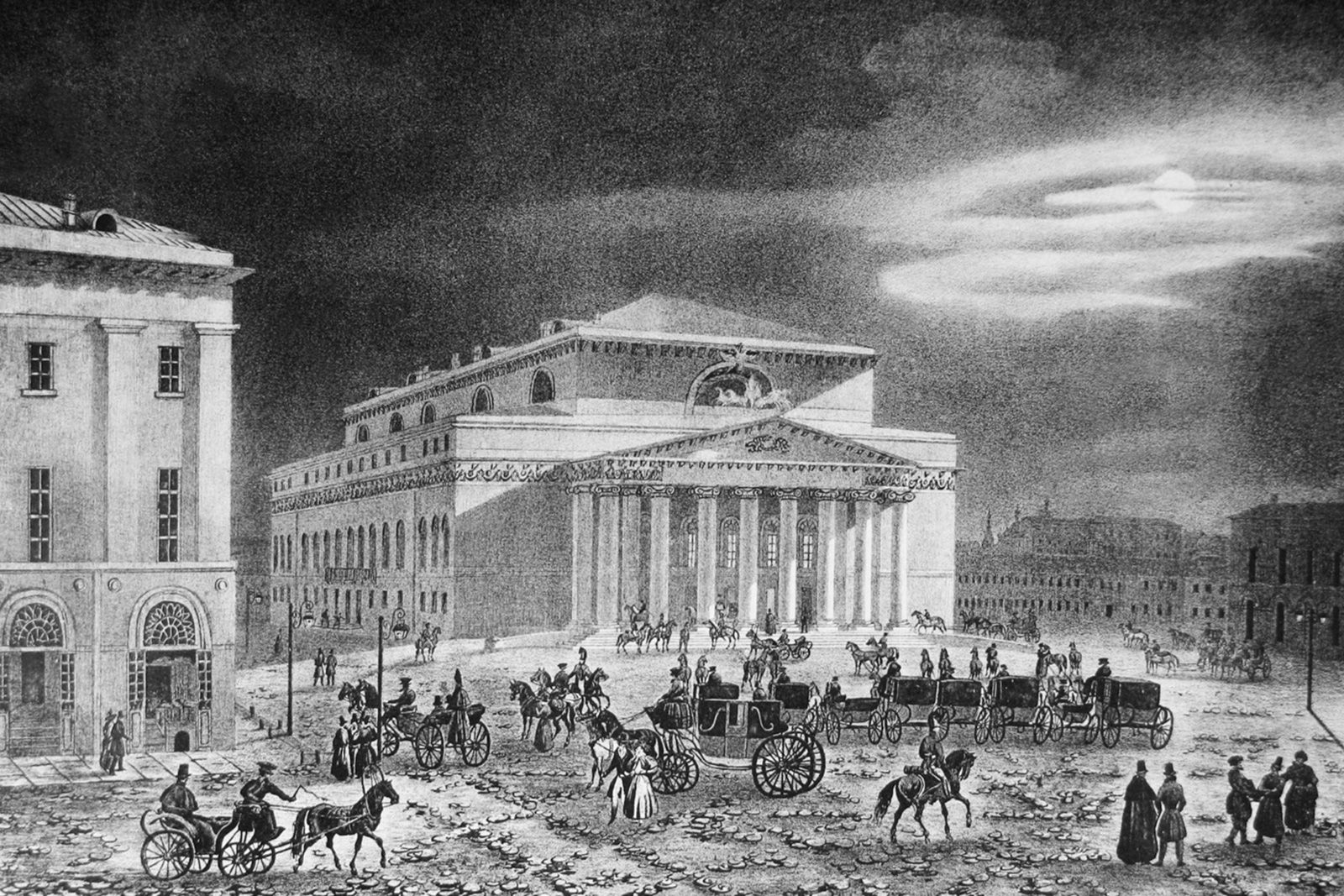 Огюст Кадоль. Большой театр в Москве. Около 1825 года. Репродукция. Из издания Петра Сытина &laquo;По старой и новой Москве. Исторические районы. Главные улицы и площади великого города&raquo;. 1947 год. Главархив Москвы