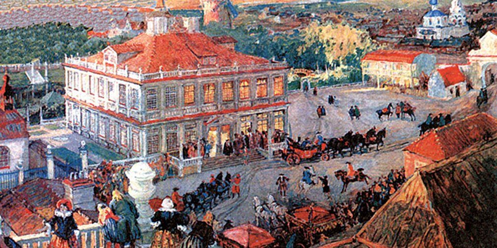 А. Бенуа. В Немецкой слободе. Отъезд царя Петра I из дома Лефорта. 1909 год