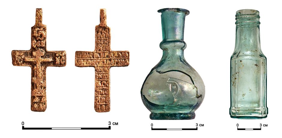1. A cross with a bas-relief of the True Cross and the Instruments of the Passions, 17th-19th centuries. 2,3. Glass vessels