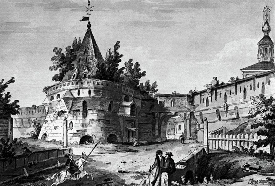 The Varvarskiye Gate of the Kitai-Gorod Wall. A watercolor by an unknown artist. The 1790s.